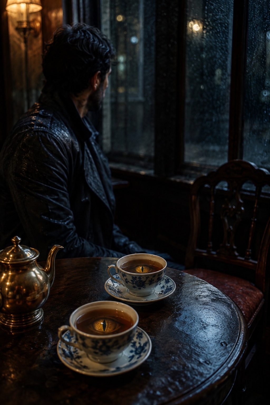 Un hombre de cabello oscuro junto a la ventana lluviosa de un salón de té, con ojos dorados de dragón reflejados en dos tazas