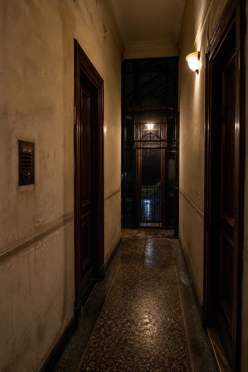 Un pasillo oscuro de una antigua finca conduce a un ascensor de jaula