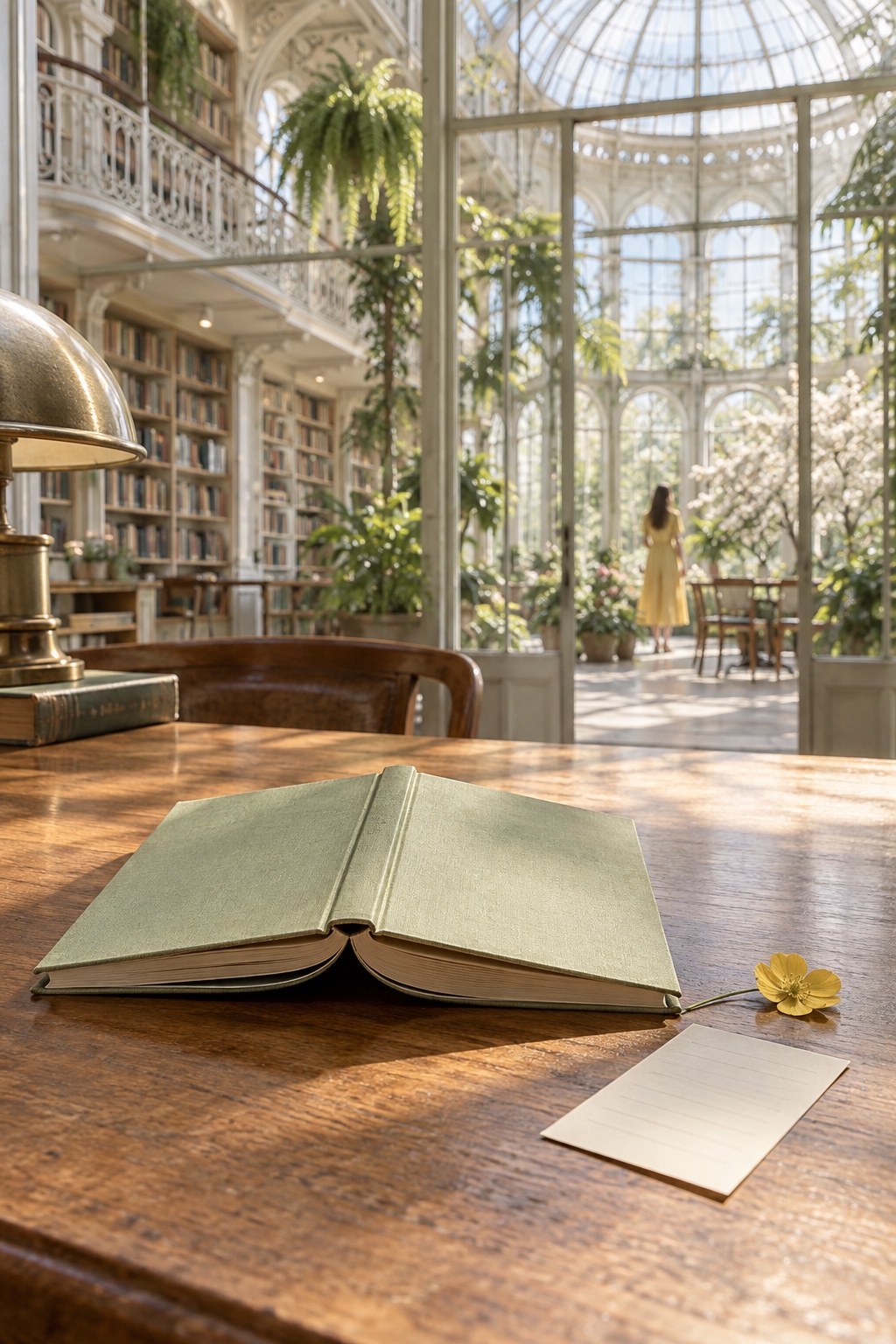 Un libro verde pálido y una flor amarilla sobre una mesa soleada bajo la cúpula de cristal de una biblioteca luminosa